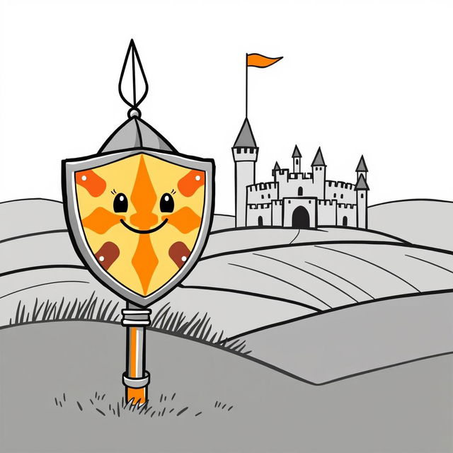 A cute and childish illustration of a medieval knight's shield and lance, designed in a whimsical and playful style