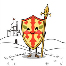 A cute and childish illustration of a medieval knight's shield and lance, designed in a whimsical and playful style
