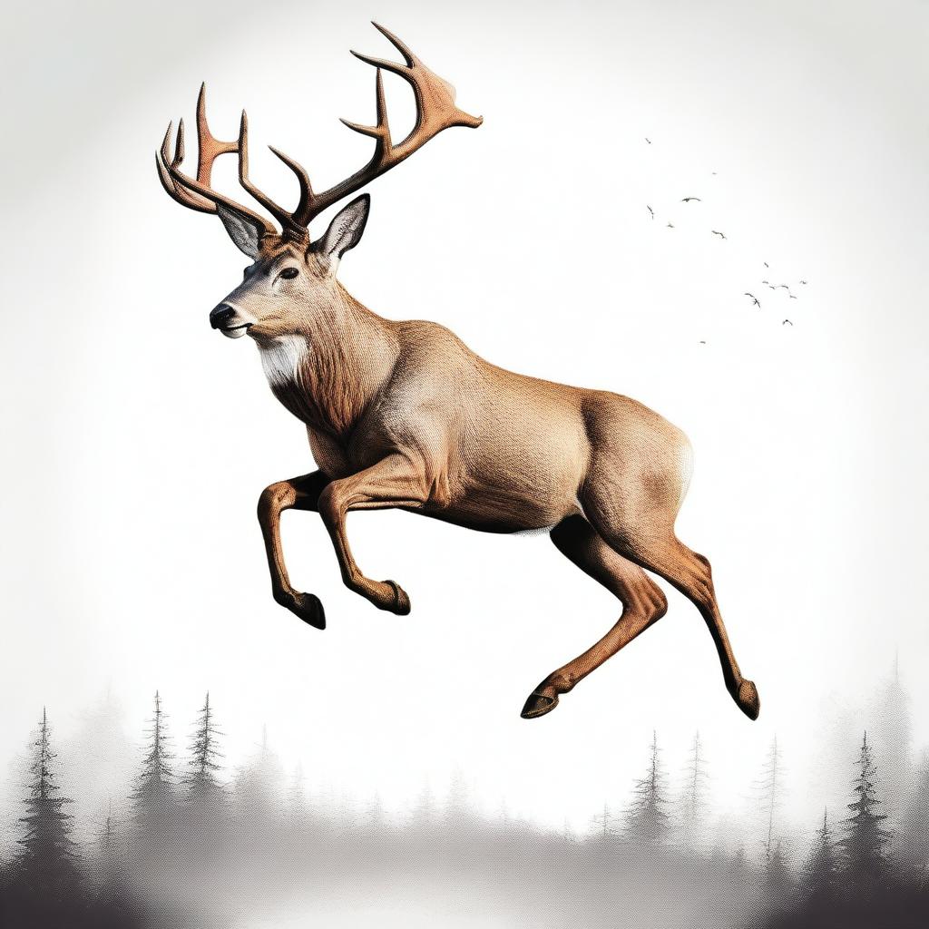 A high-quality digital art illustration of a large, imposing male deer with grand antlers, leaping in mid-air