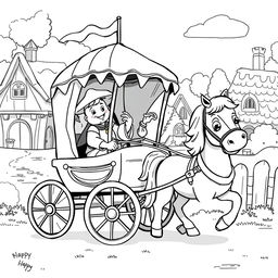 A cute and playful black and white illustration of a whimsical medieval chariot being pulled by a cheerful horse
