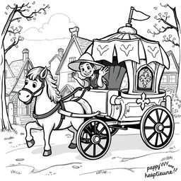 A cute and playful black and white illustration of a whimsical medieval chariot being pulled by a cheerful horse