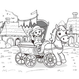 A cute and playful black and white illustration of a whimsical medieval chariot being pulled by a cheerful horse