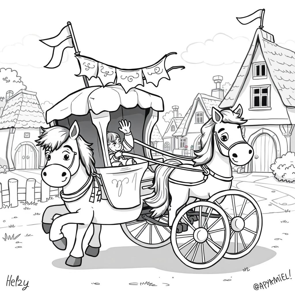 A cute and playful black and white illustration of a whimsical medieval chariot being pulled by a cheerful horse