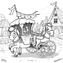 A cute and playful black and white illustration of a whimsical medieval chariot being pulled by a cheerful horse