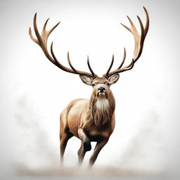 A high-quality digital art illustration of a large, imposing male deer with grand antlers, leaping in mid-air