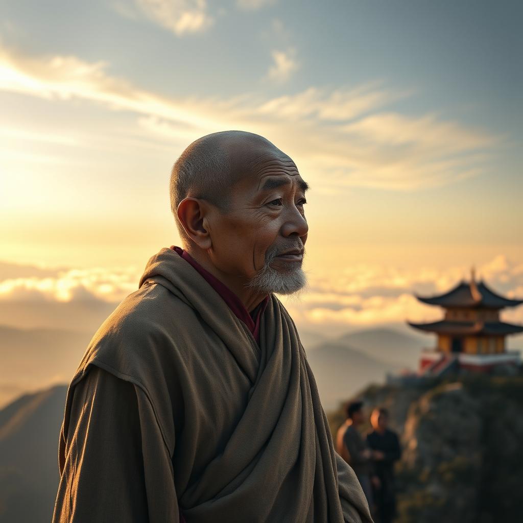 An old monk standing peacefully on a mountain peak, with a traditional temple in the background, evoking a sense of tranquility