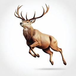 A high-quality digital art illustration of a large, imposing male deer with grand antlers, leaping in mid-air