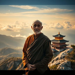 An old monk standing peacefully on a mountain peak, with a traditional temple in the background, evoking a sense of tranquility