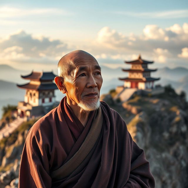 An old monk standing peacefully on a mountain peak, with a traditional temple in the background, evoking a sense of tranquility