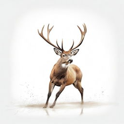 A high-quality digital art illustration of a large, imposing male deer with grand antlers, leaping in mid-air