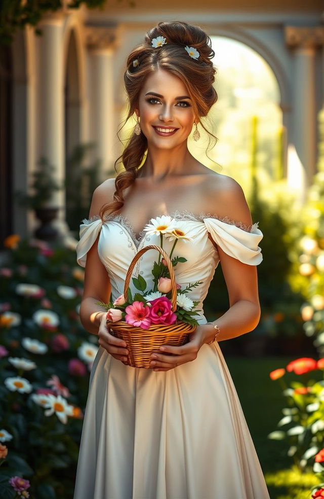 A beautiful, regal-looking Duchess dressed in an elegant gown, standing in a sunlit garden filled with blooming flowers