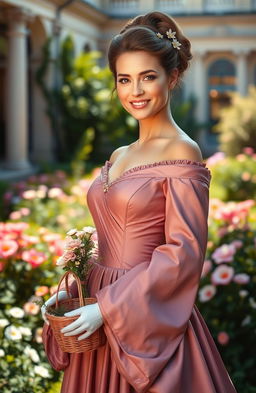 A beautiful, regal-looking Duchess dressed in an elegant gown, standing in a sunlit garden filled with blooming flowers