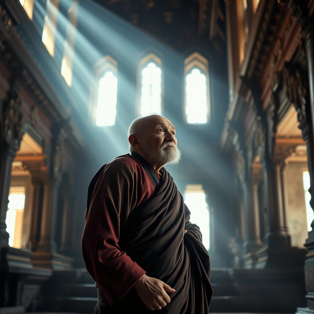 An old monk standing gracefully inside an ancient temple, his expression contemplative as he gazes thoughtfully into the distance