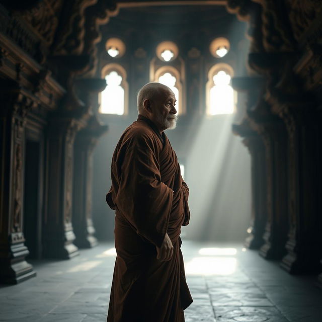 An old monk standing gracefully inside an ancient temple, his expression contemplative as he gazes thoughtfully into the distance