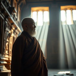 An old monk standing gracefully inside an ancient temple, his expression contemplative as he gazes thoughtfully into the distance