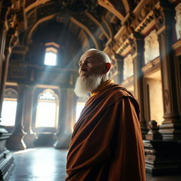 An old monk standing gracefully inside an ancient temple, his expression contemplative as he gazes thoughtfully into the distance