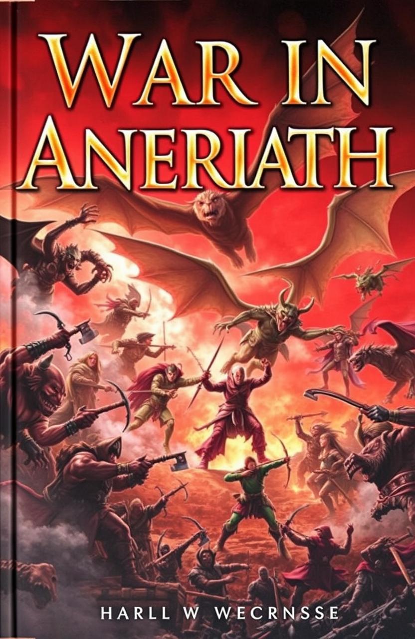 A dramatic book cover titled 'War In Aneriath', showcasing an epic battle scene