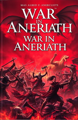 A dramatic book cover titled 'War In Aneriath', showcasing an epic battle scene