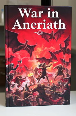 A dramatic book cover titled 'War In Aneriath', showcasing an epic battle scene