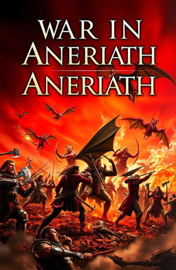 A dramatic book cover titled 'War In Aneriath', showcasing an epic battle scene