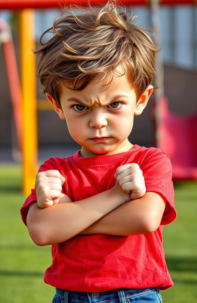 A young boy with a furrowed brow and clenched fists, standing with arms crossed, displaying a visibly angry expression