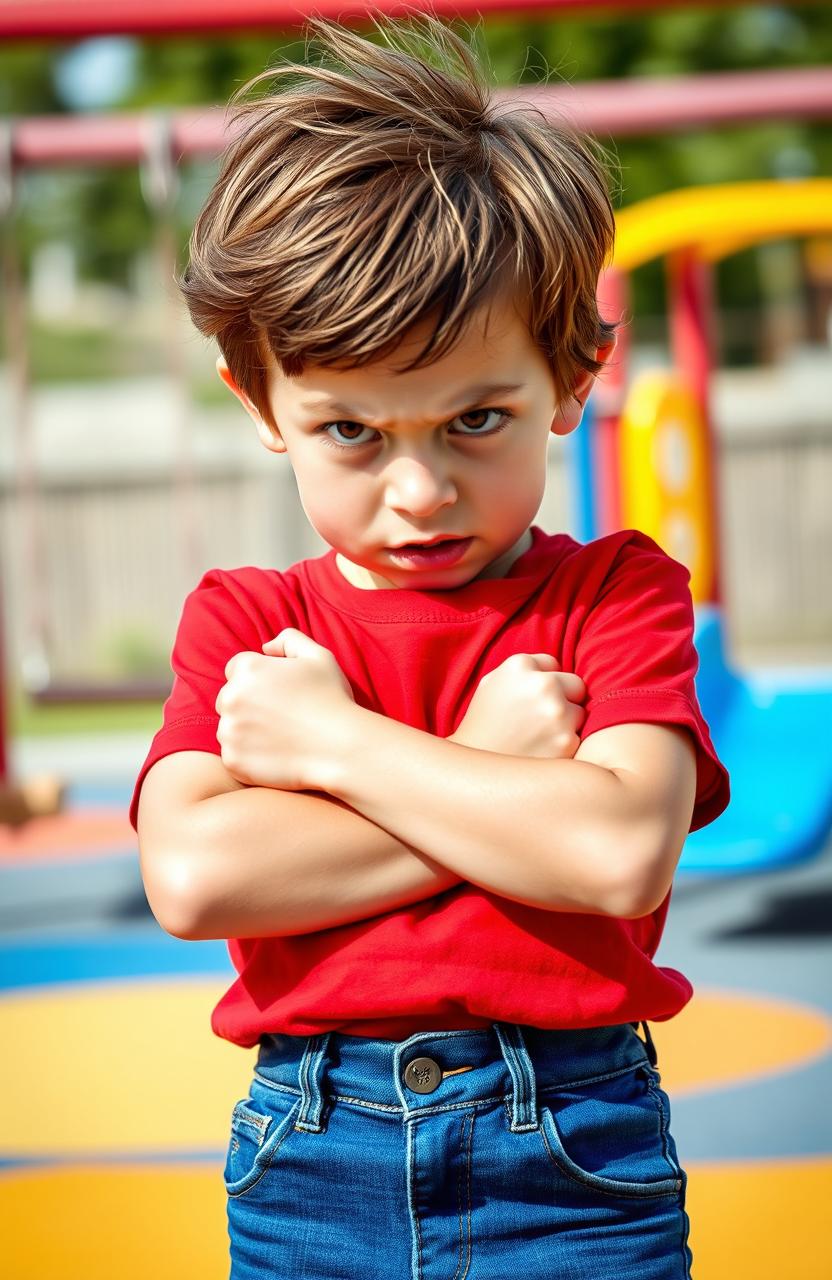 A young boy with a furrowed brow and clenched fists, standing with arms crossed, displaying a visibly angry expression