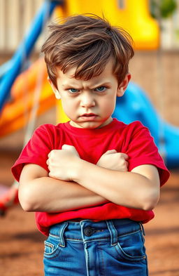 A young boy with a furrowed brow and clenched fists, standing with arms crossed, displaying a visibly angry expression