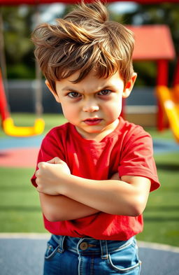 A young boy with a furrowed brow and clenched fists, standing with arms crossed, displaying a visibly angry expression