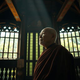 An old monk standing solemnly inside an ancient pagoda, his expression thoughtful as he gazes far away with a sense of deep contemplation