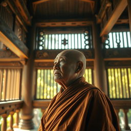 An old monk standing solemnly inside an ancient pagoda, his expression thoughtful as he gazes far away with a sense of deep contemplation