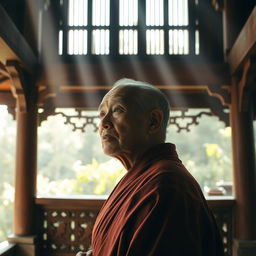 An old monk standing solemnly inside an ancient pagoda, his expression thoughtful as he gazes far away with a sense of deep contemplation