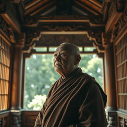 An old monk standing solemnly inside an ancient pagoda, his expression thoughtful as he gazes far away with a sense of deep contemplation