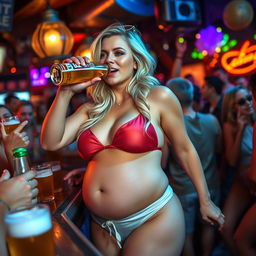A beautiful, sexy blonde woman in a stylish bathing suit, energetically drinking a beer at a crowded bar during an exciting beer drinking contest