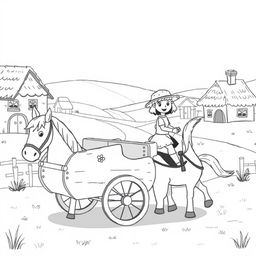 A cute and whimsical medieval scene featuring a humble wooden carriage being pulled by a gentle horse