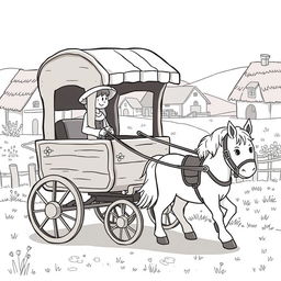 A cute and whimsical medieval scene featuring a humble wooden carriage being pulled by a gentle horse