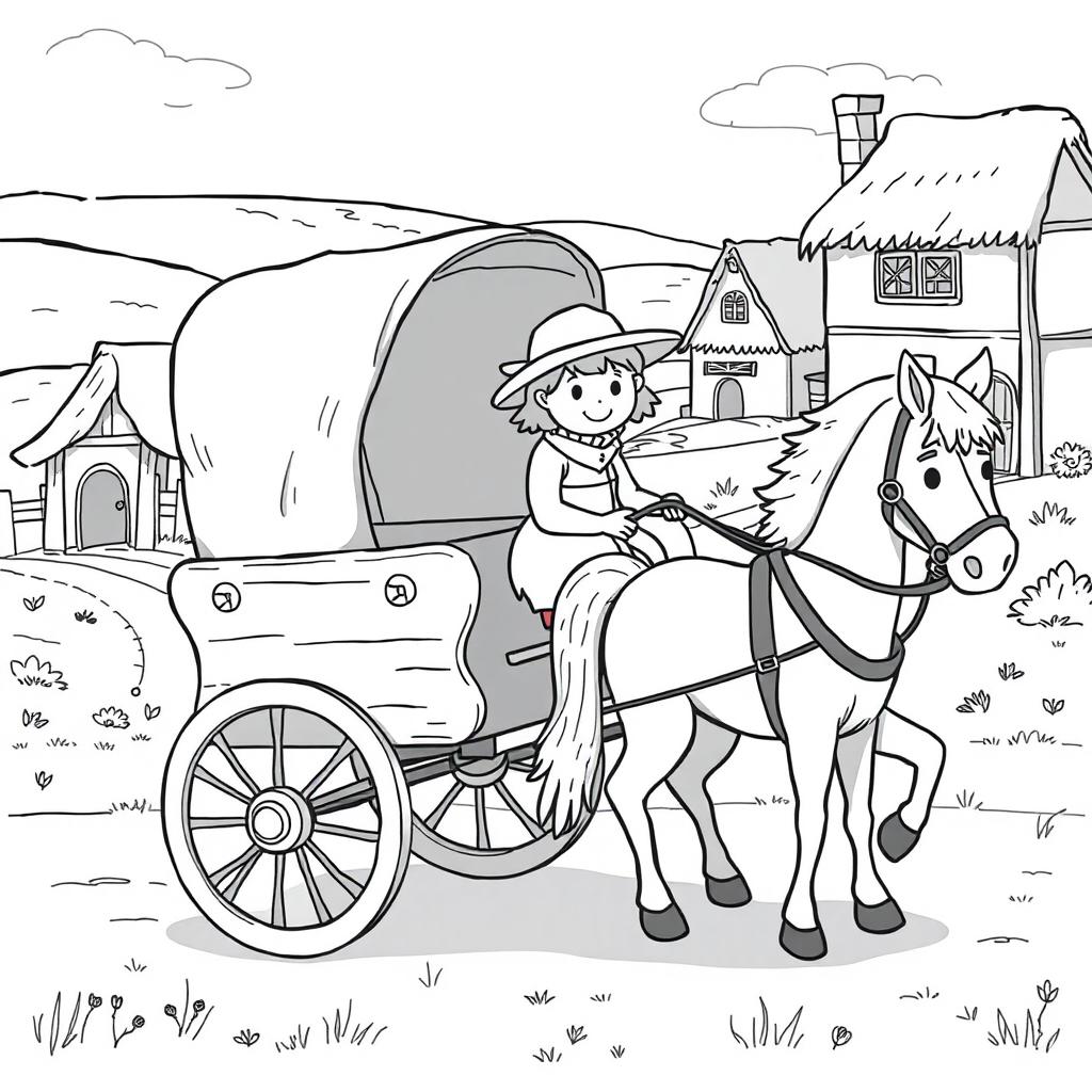 A cute and whimsical medieval scene featuring a humble wooden carriage being pulled by a gentle horse