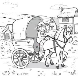 A cute and whimsical medieval scene featuring a humble wooden carriage being pulled by a gentle horse