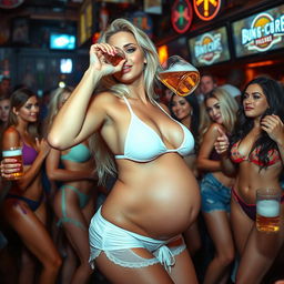 A beautiful, sexy blonde woman in a stylish bathing suit, confidently drinking a beer, with her huge, round, wide, soft belly prominently protruding