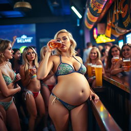 A beautiful, sexy blonde woman in a stylish bathing suit, confidently drinking a beer, with her huge, round, wide, soft belly prominently protruding
