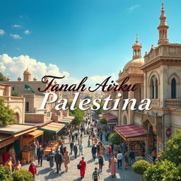 A beautiful and majestic depiction of Palestinian society and architecture, featuring vibrant scenes of community life and iconic buildings that represent the rich culture and history of Palestine