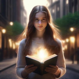 A highly realistic 4K image depicts a girl with long brown hair, holding a book and surrounded by a radiant ring of light