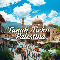 A beautiful and majestic depiction of Palestinian society and architecture, featuring vibrant scenes of community life and iconic buildings that represent the rich culture and history of Palestine