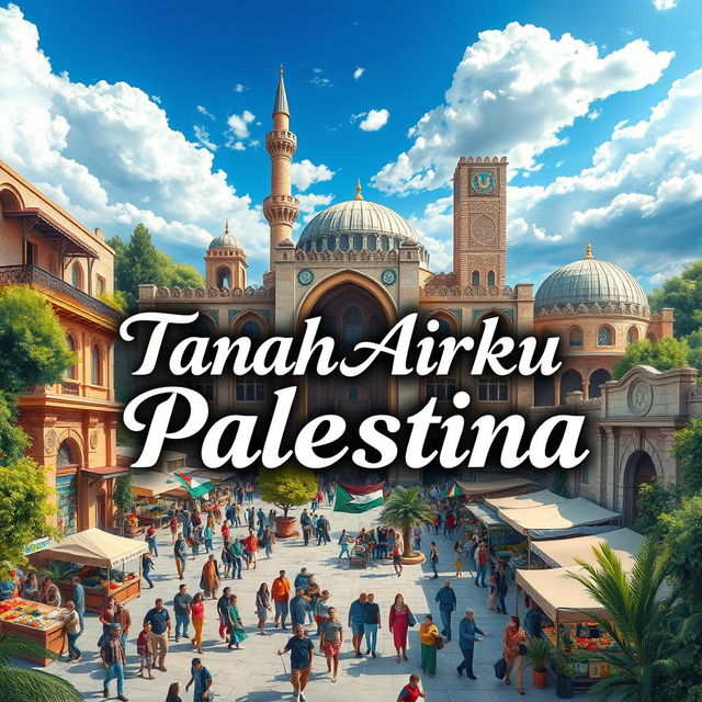 A beautiful and majestic depiction of Palestinian society and architecture, featuring vibrant scenes of community life and iconic buildings that represent the rich culture and history of Palestine