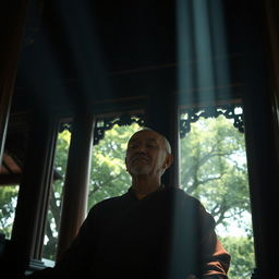 An old monk calmly meditating inside an ancient pagoda, his eyes gently closed but a serene expression suggests a deep connection to the surroundings