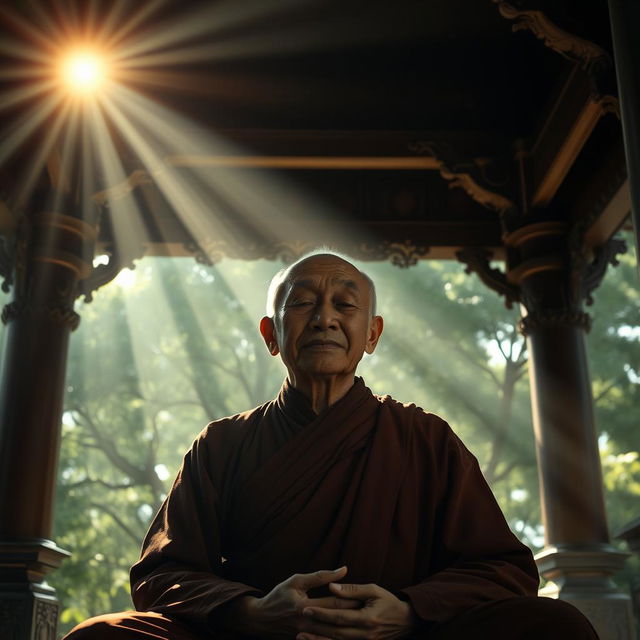 An old monk calmly meditating inside an ancient pagoda, his eyes gently closed but a serene expression suggests a deep connection to the surroundings