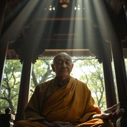 An old monk calmly meditating inside an ancient pagoda, his eyes gently closed but a serene expression suggests a deep connection to the surroundings