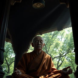 An old monk calmly meditating inside an ancient pagoda, his eyes gently closed but a serene expression suggests a deep connection to the surroundings