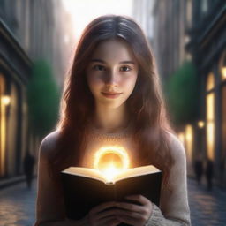 A highly realistic 4K image depicts a girl with long brown hair, holding a book and surrounded by a radiant ring of light