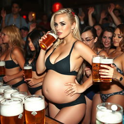 A beautiful, sexy blonde girl with a thin face, confidently wearing a stylish bathing suit and drinking a beer