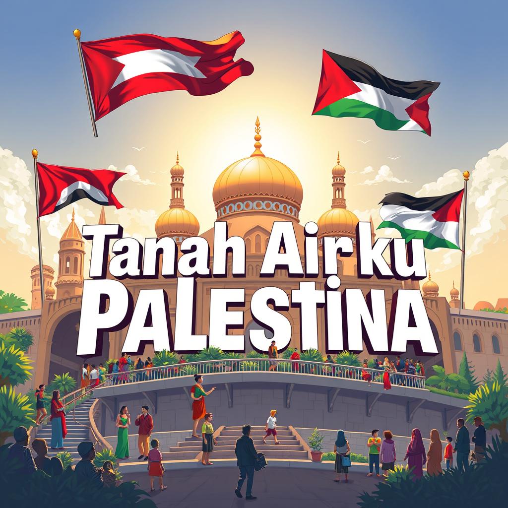 A beautiful and majestic illustration featuring the phrase 'Tanah Airku Palestina' prominently displayed